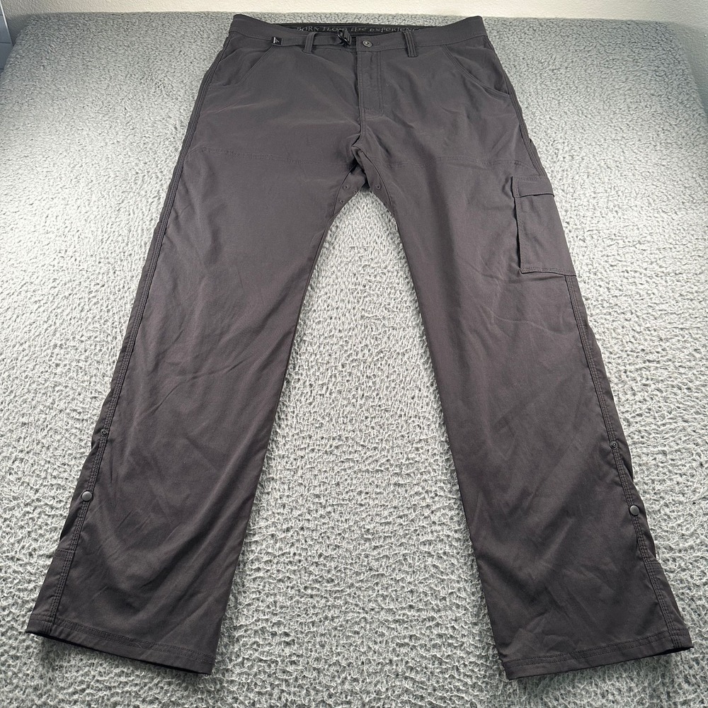 Prana Zion Pants Mens 38W 32L Cargo Snap Side Zip Stretch Gray Hiking